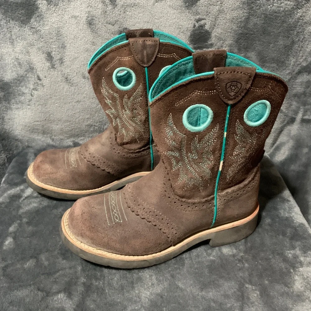Ariat Western Boots Kids Size 2 10042537 Brown Turquoise Suede Cowgirl Rodeo